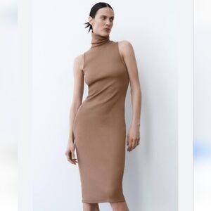 Zara Ribbed Turtleneck Dress Size Medium In Tan